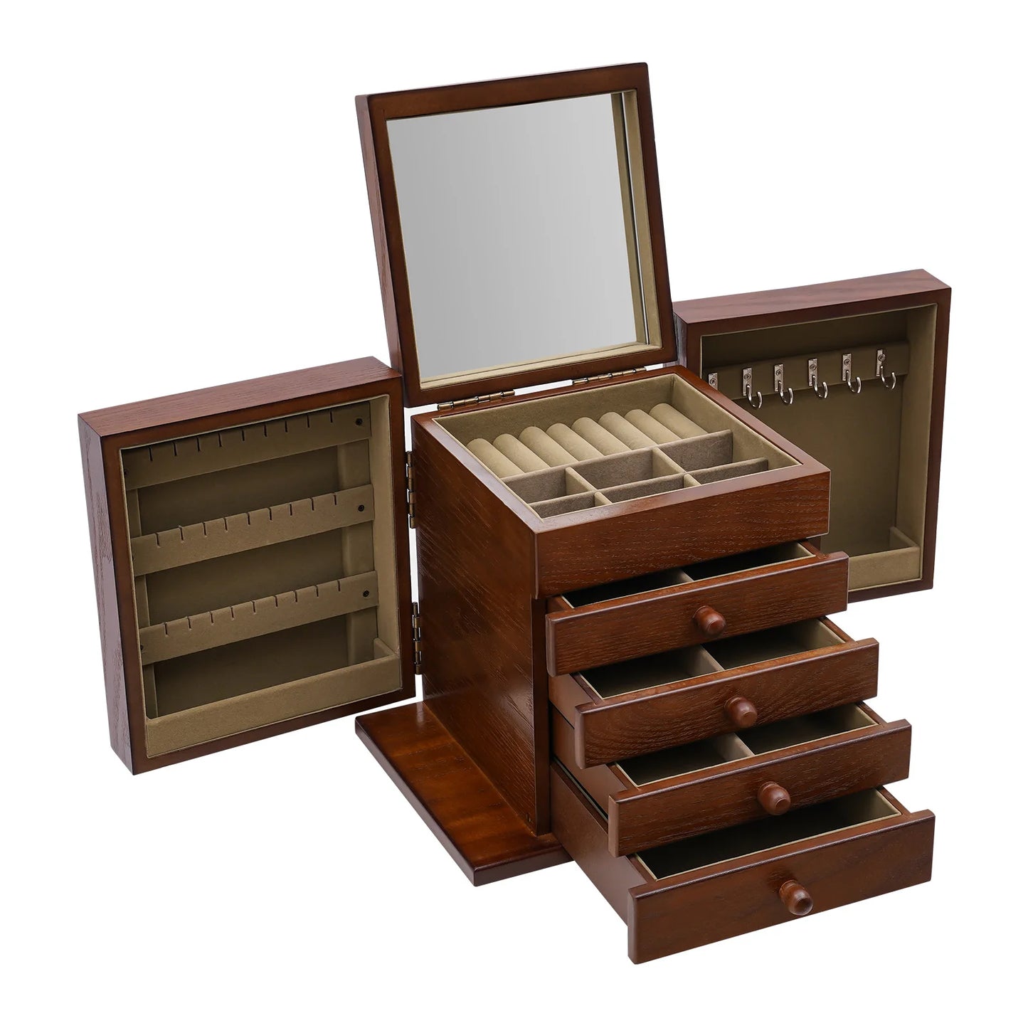 5 Layer Expandable Jewelry Box Featuring Built In Mirror Organizer