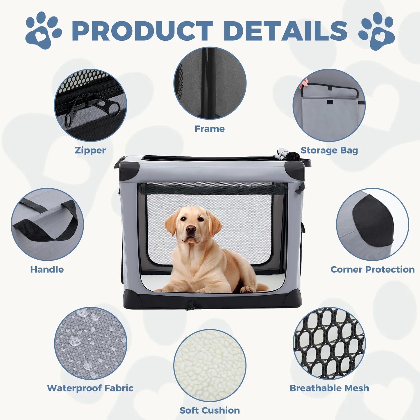 JHK 600D Oxford Foldable Dog Crate With Three Doors Indoor