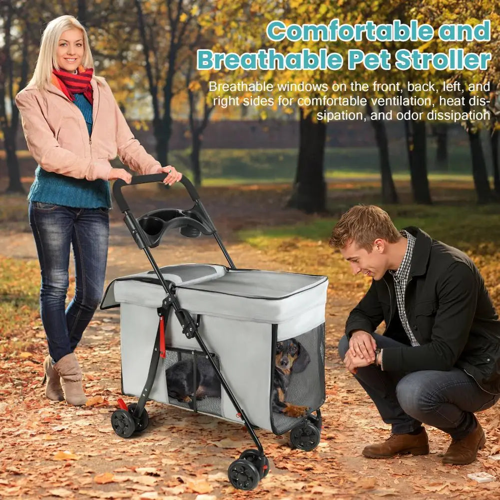 Foldable Pet Stroller With Swivel Wheels And Ventilation Panels