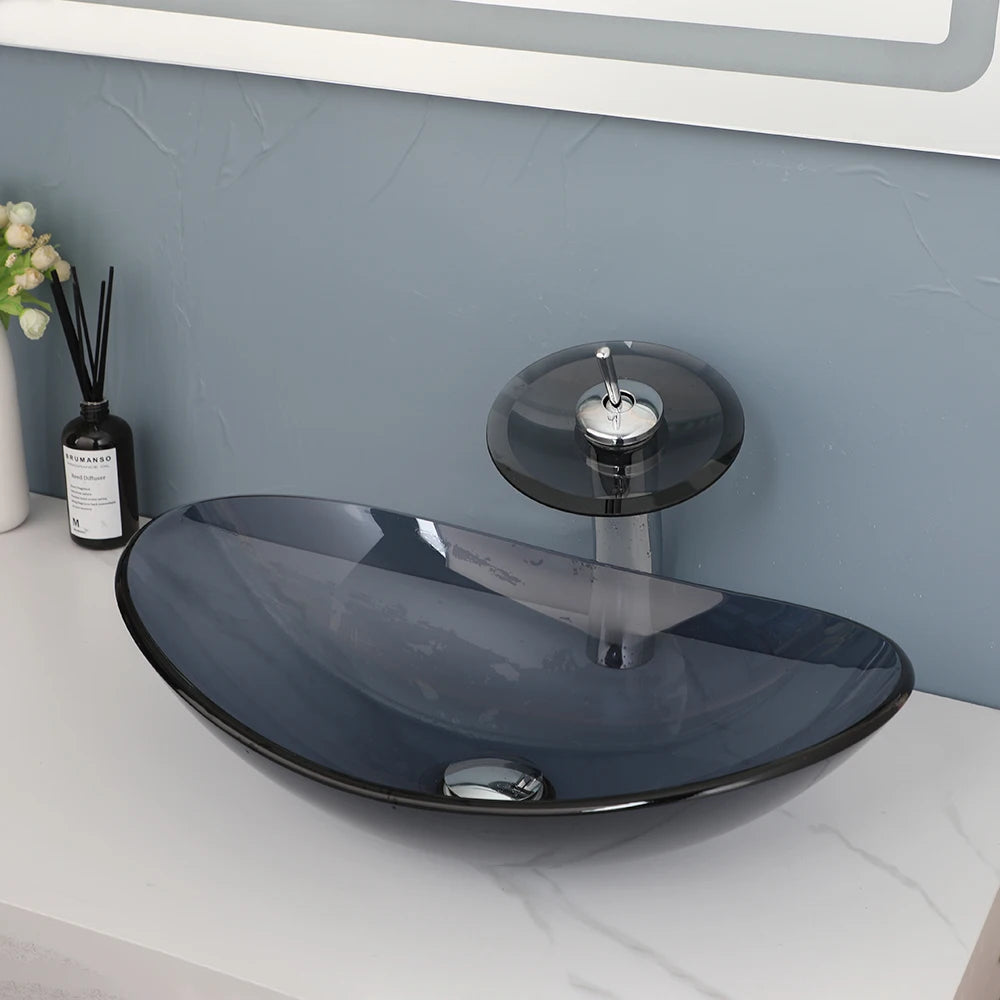 Mekkhala Oval Tempered Glass Vessel Sink With Faucet