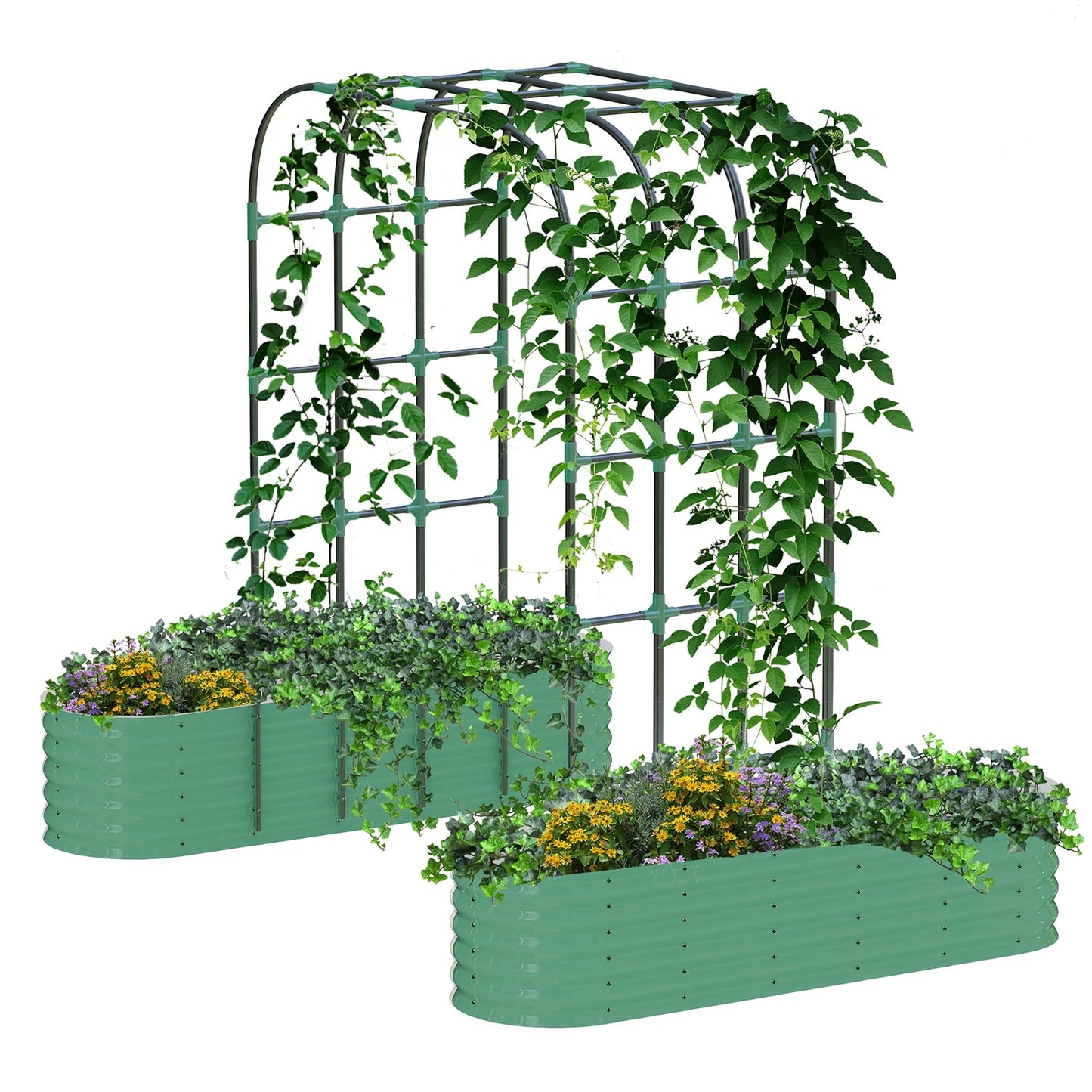 HiMiss Galvanized Steel Raised Garden Bed With Arch Trellis