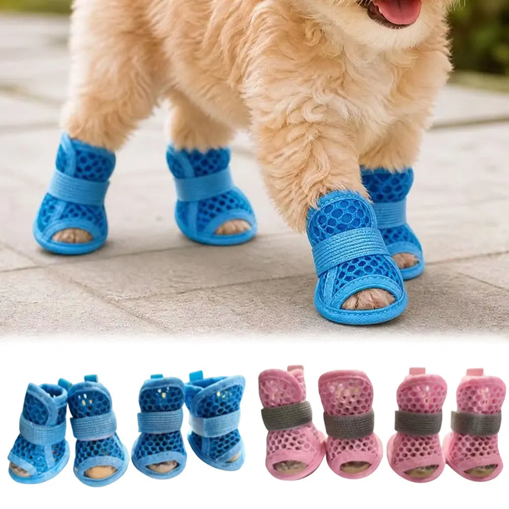 4 Pack Cute Mesh Dog Shoes Non Slip Soft Sole Boots With Elastic Straps