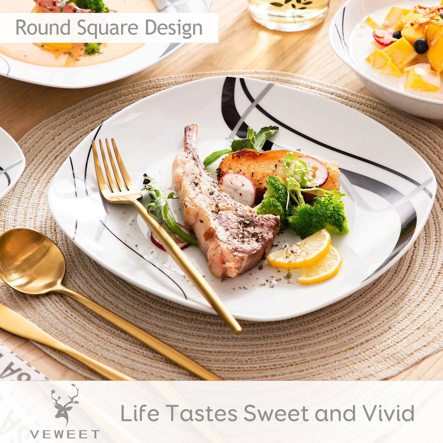 Malacasa Fiona Black Line Porcelain Dinner Plate Set