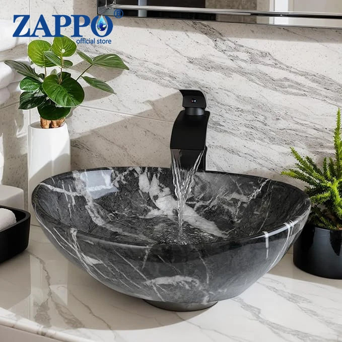 Mekkhal Ceramic Vessel Sink Set With Waterfall Faucet For Bathroom