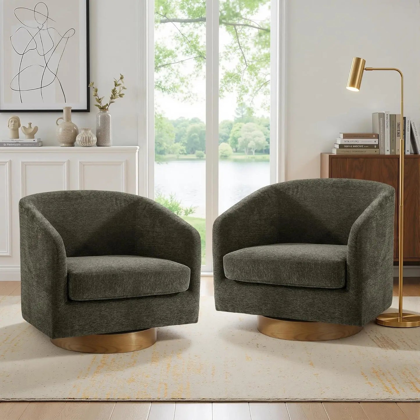 Swivel Accent Chair Set Of 2 Fabric Upholstered Barrel Armchairs