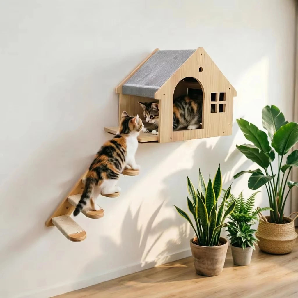 Wooden Wall Mounted Cat Condo Villa Shelf For Cats