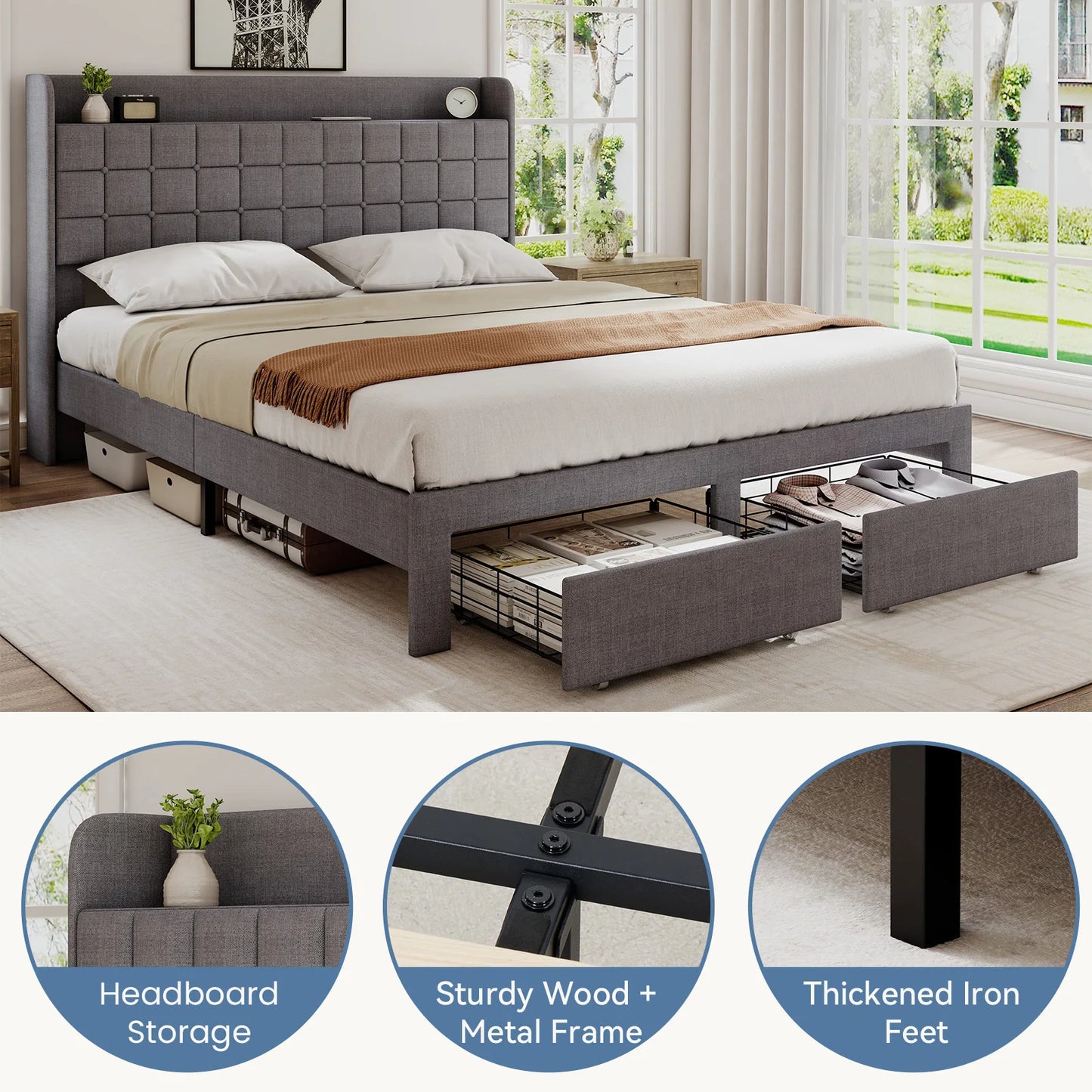 JHK Wood Bed Frame With Storage Drawers And Headboard