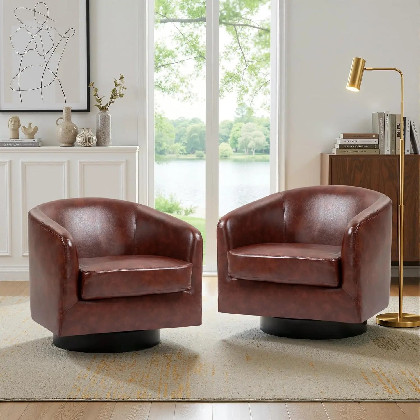 Swivel Accent Chair Set Of 2 Fabric Upholstered Barrel Armchairs