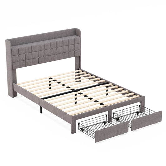 JHK Wood Bed Frame With Storage Drawers And Headboard