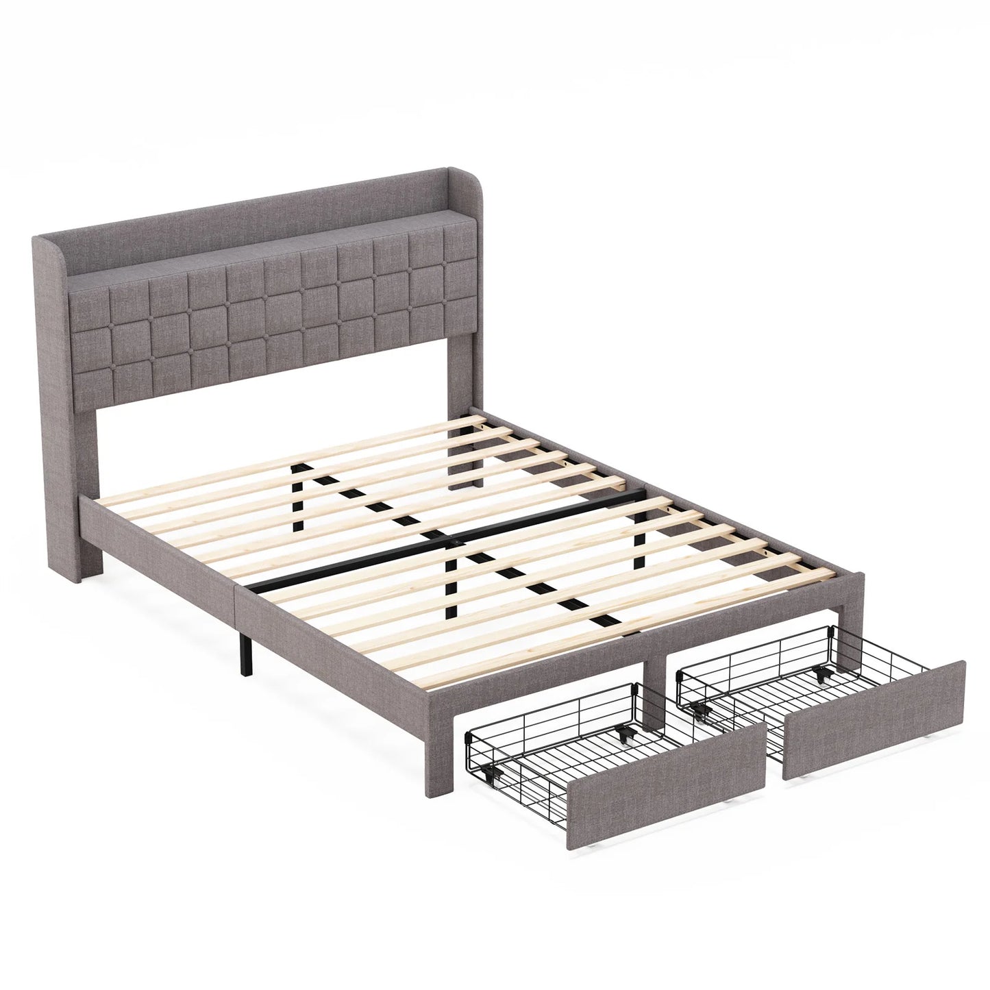 JHK Wood Bed Frame With Upholstered Headboard And Storage Drawers