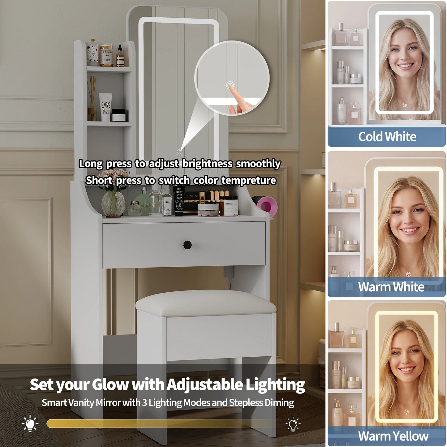 JHK Modern Wooden Vanity Set With Mirror And Storage Bench