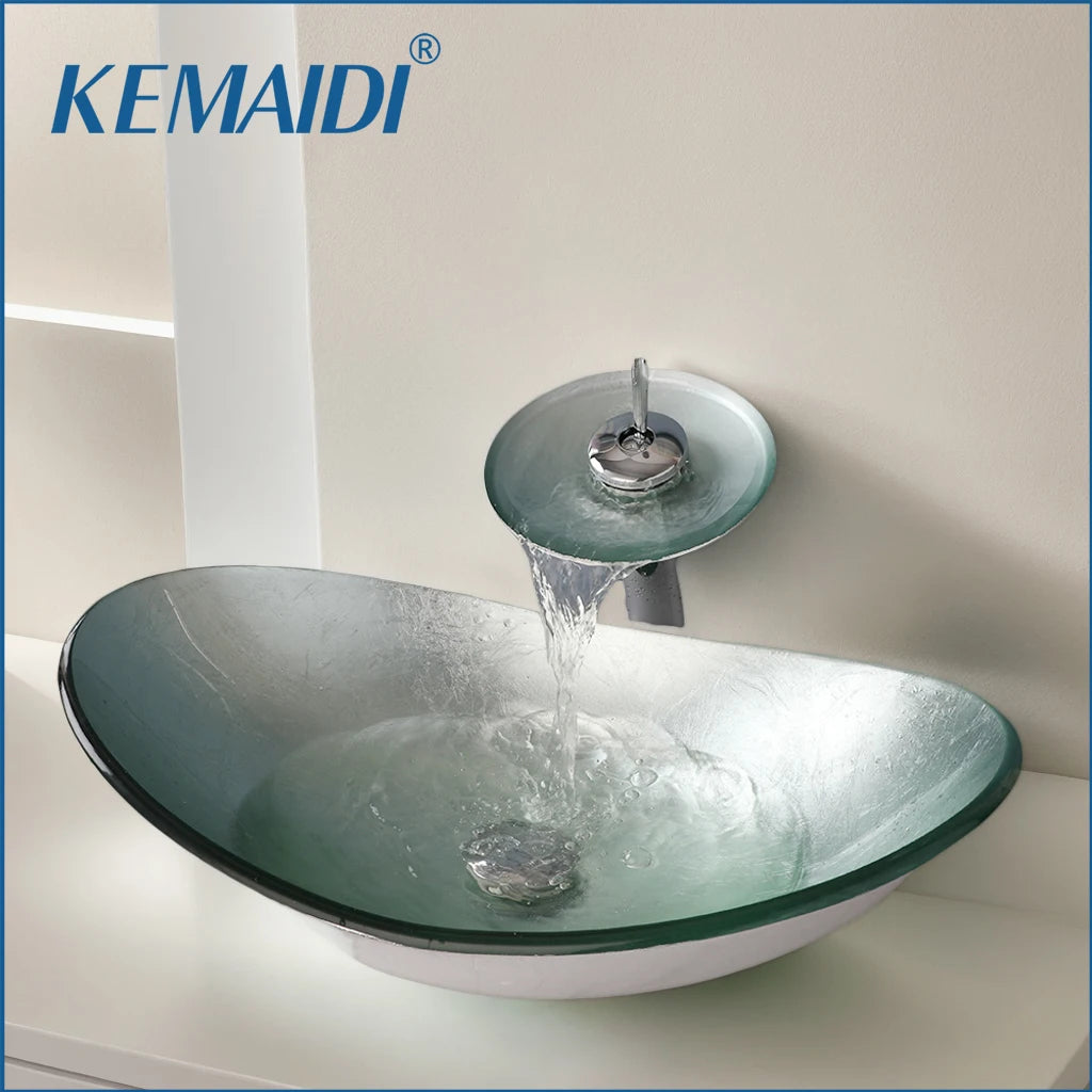 Mekkhala Tempered Glass Bathroom Sink With Waterfall Faucet