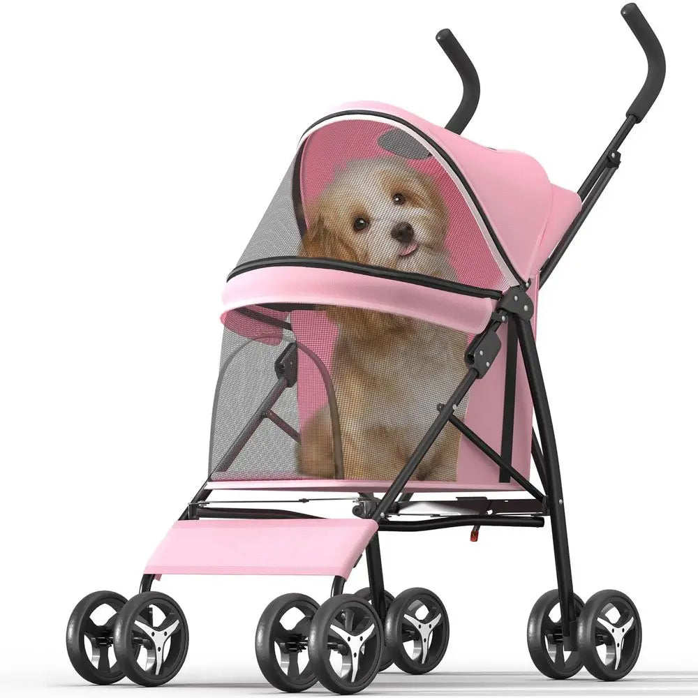 Portable Pet Stroller With Rear Wheel Brakes And Storage Basket