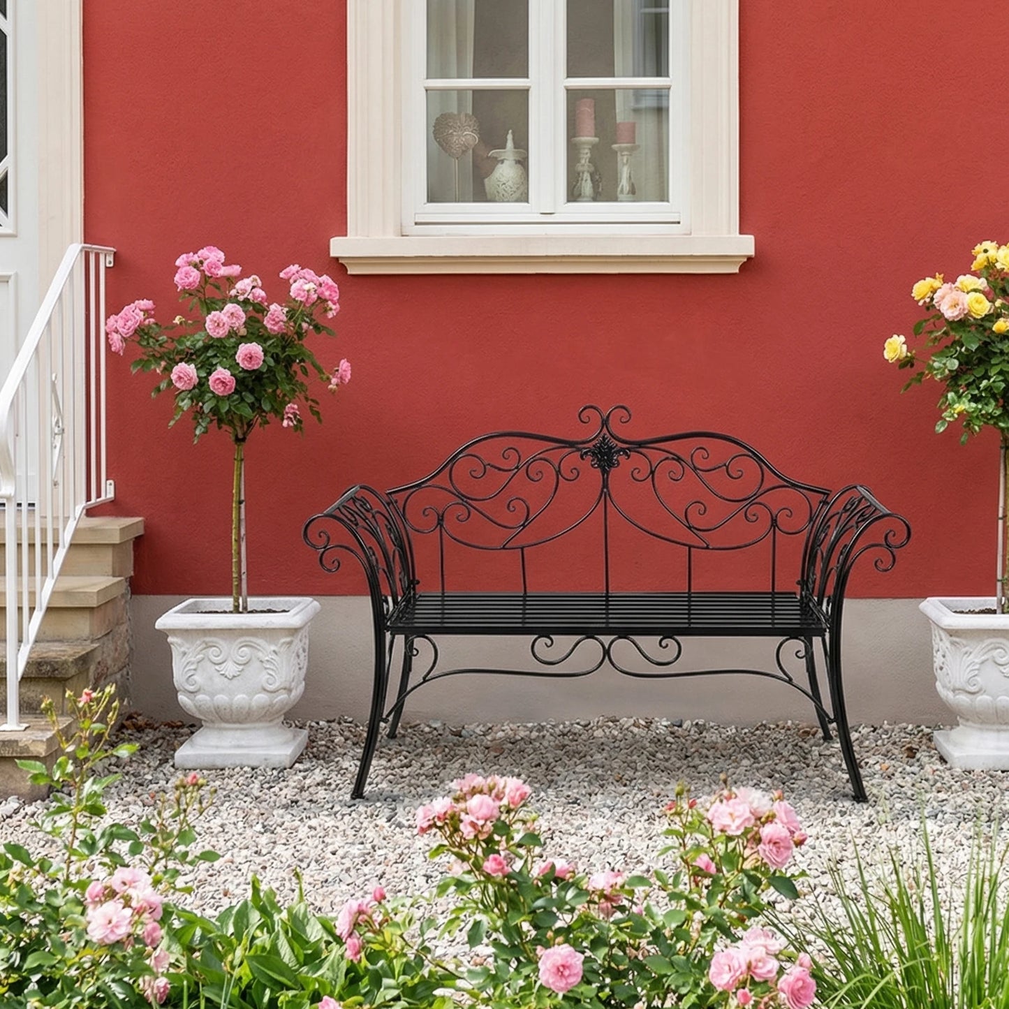 Decorative Wrought Iron Two Seater Outdoor Garden Bench For Patio
