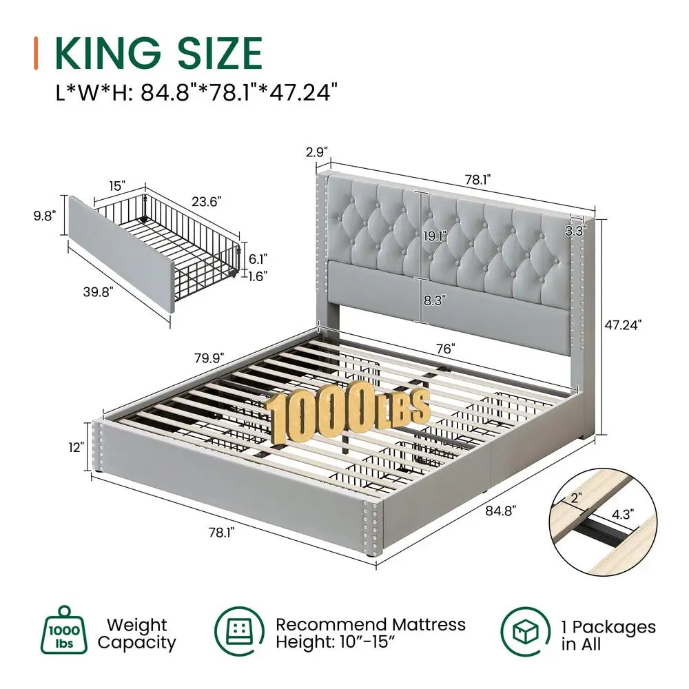 Velvet Upholstered Bed Frame With Tufted Headboard 4 Storage Drawers