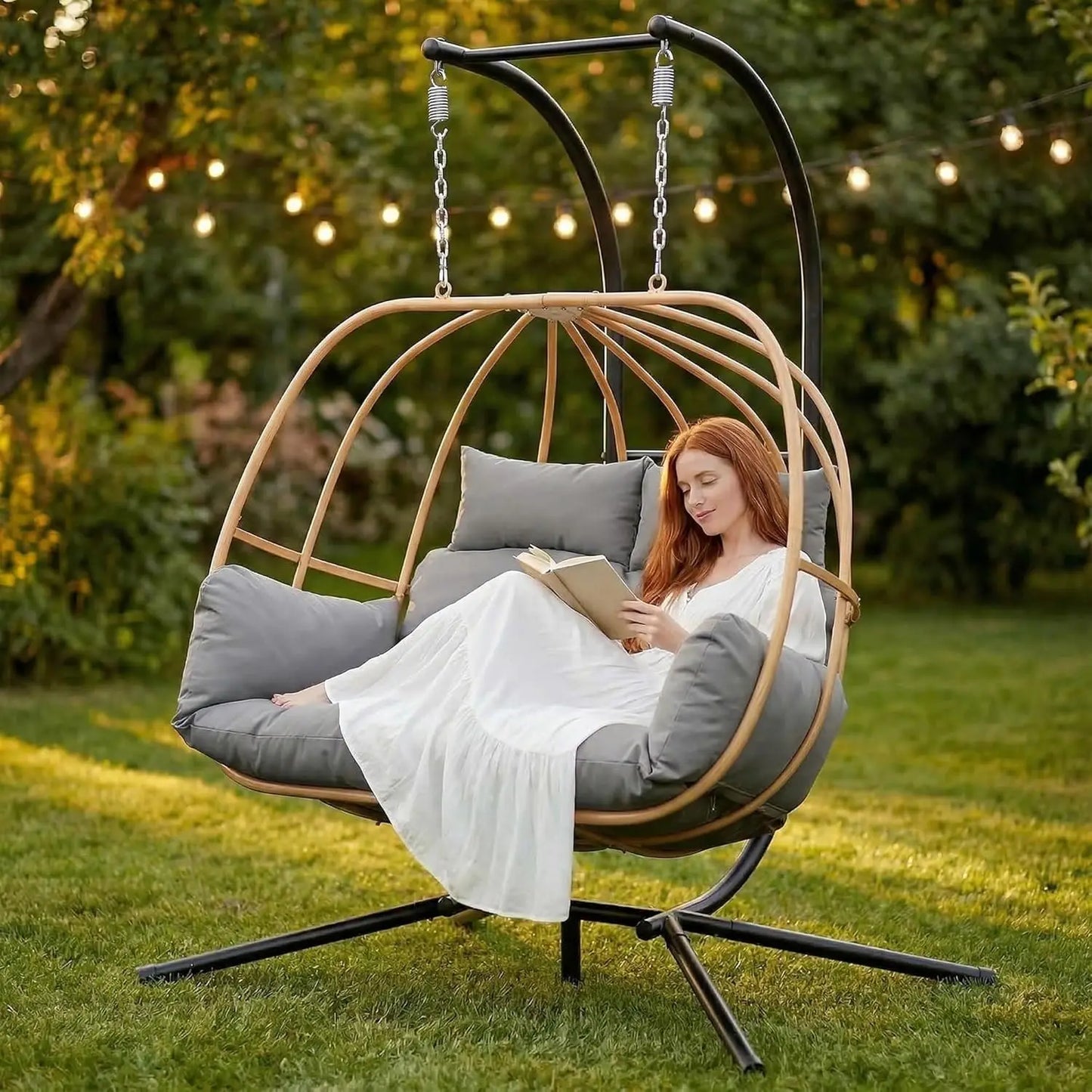 Double Egg Hanging Swing Chair With Stand Cushions Headrest