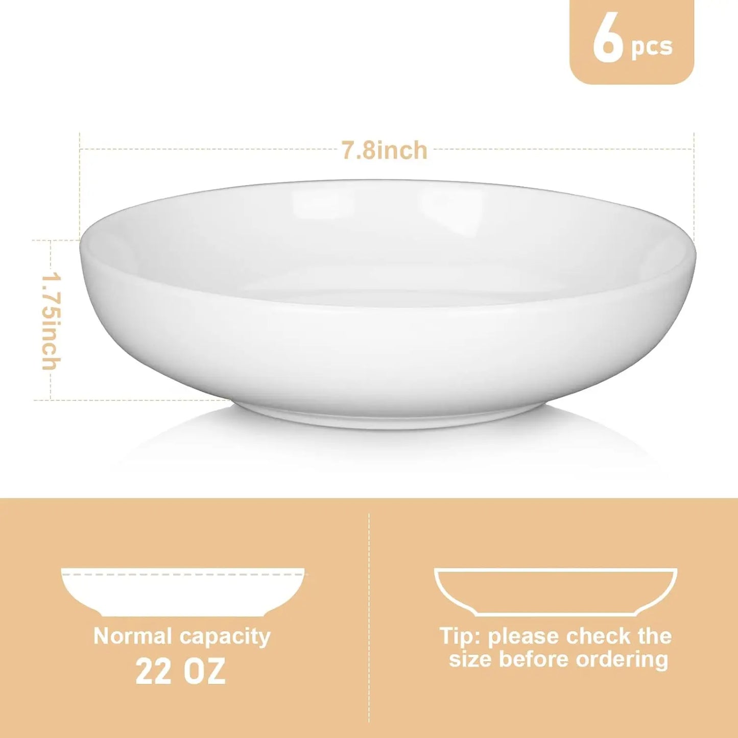 Porcelain Pasta Bowls Set 6 Pack Ceramic Dinnerware
