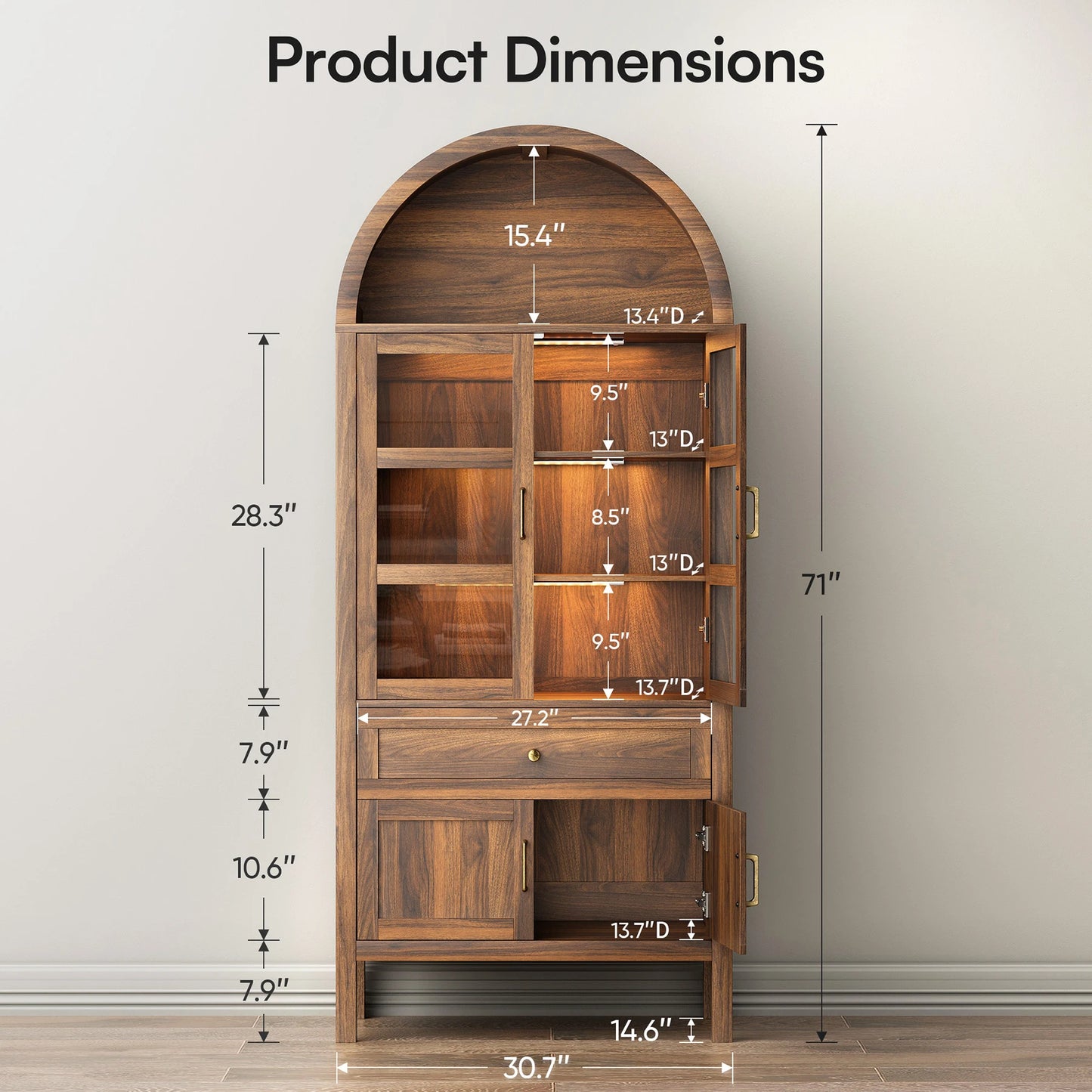 Furgle Arched Wood Storage Cabinet With Adjustable Shelves And Led Lights