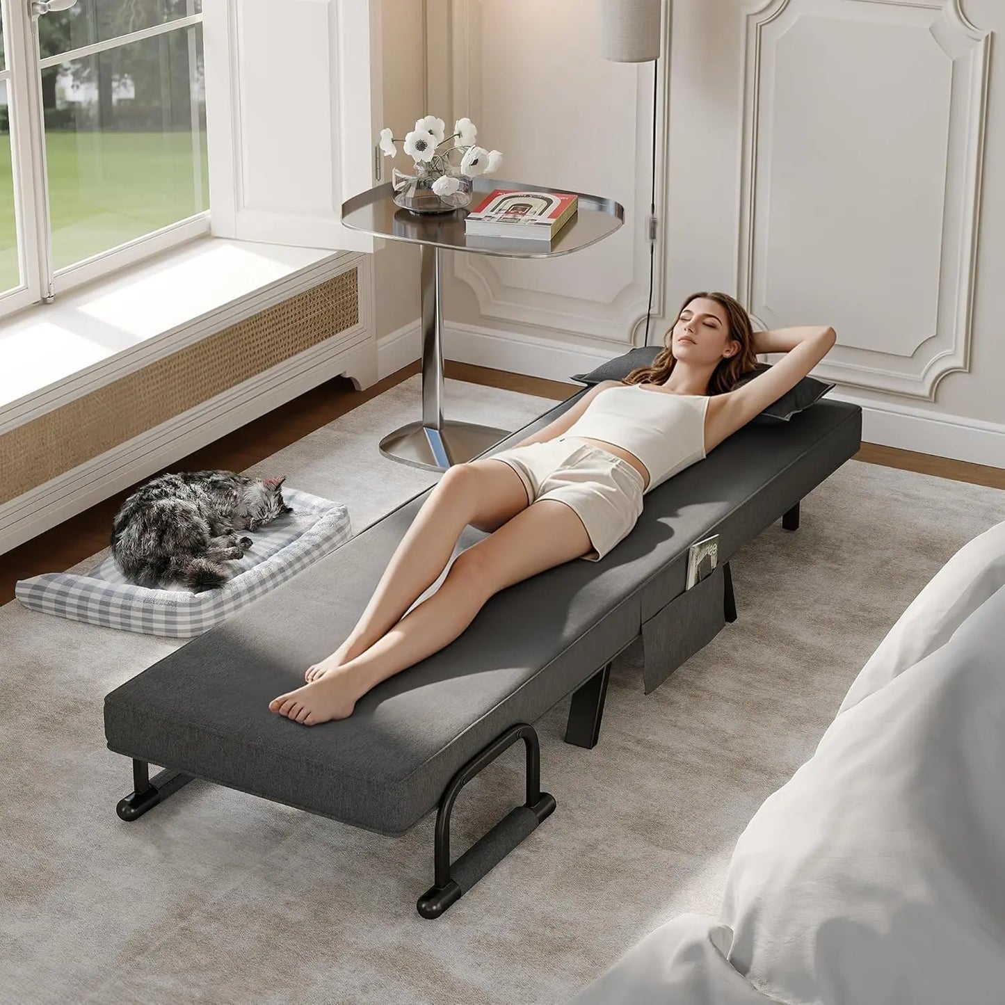 Convertible Sleeper Chair Bed With Adjustable Backrest And Pockets