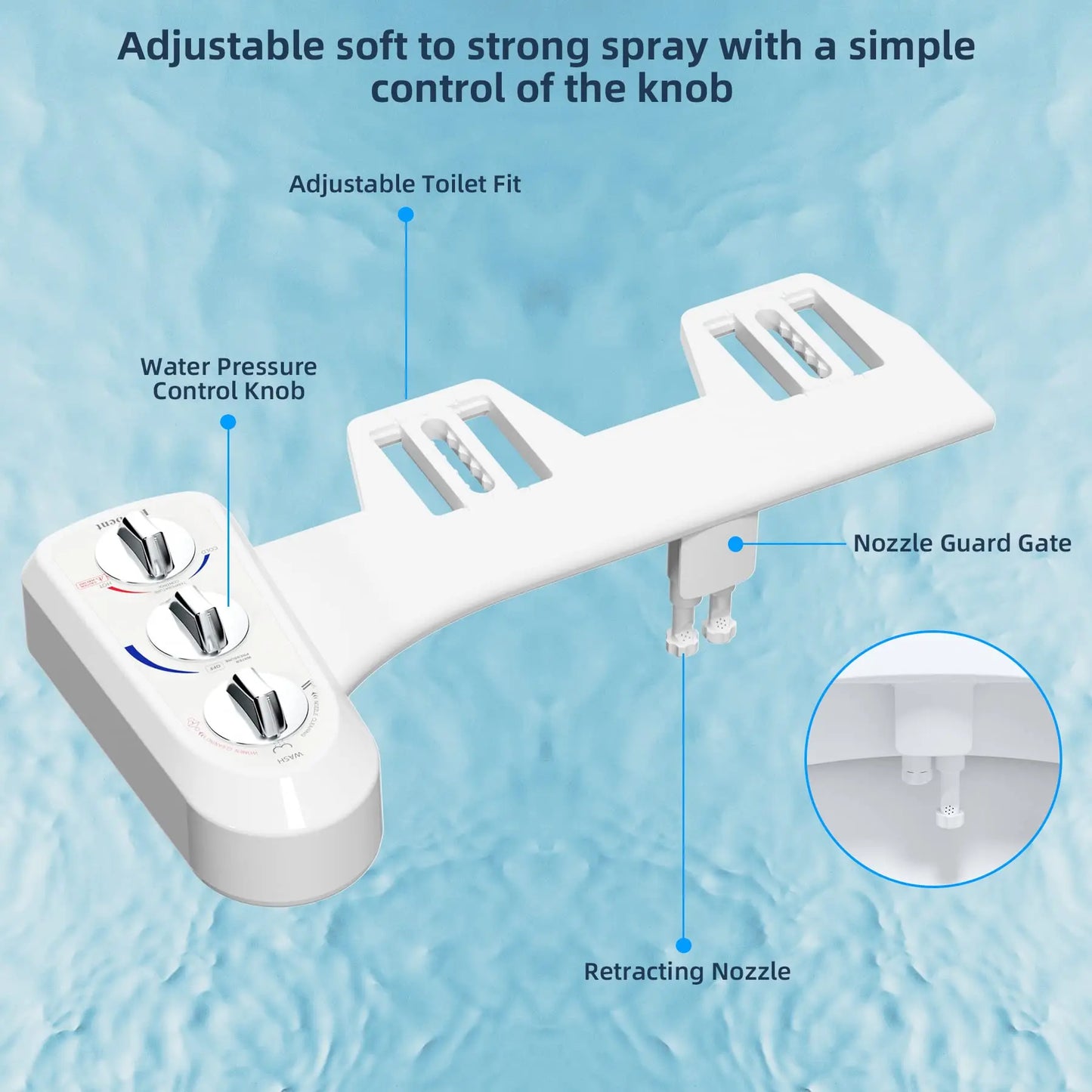 Toilet Seat Bidet with Self Cleaning Dual Nozzle, Hot and Cold Water Spray Non-Electric Mechanical Bidet Toilet Attachment