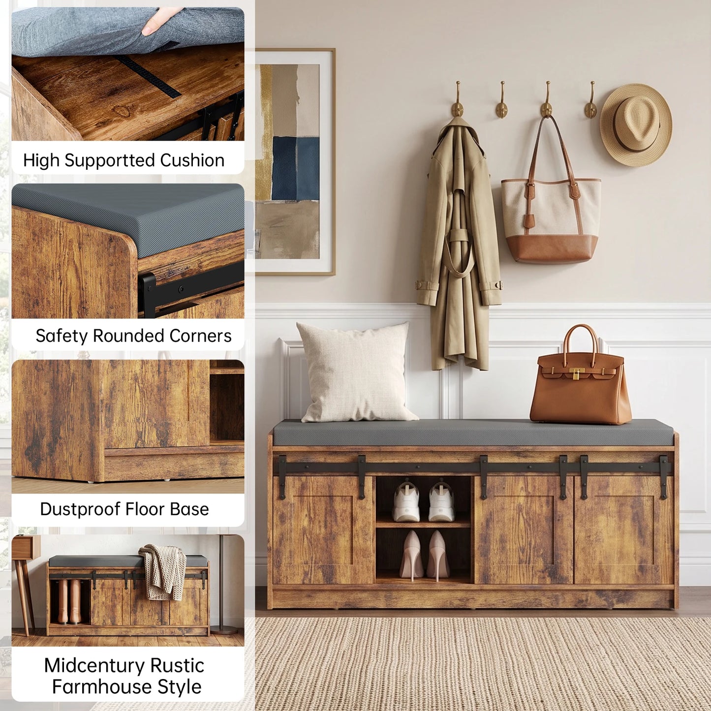 TinyNest Wooden Shoe Storage Bench With Soft Linen Cushion