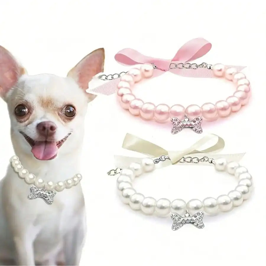 Pet Pearl Rhinestone Bone Necklace Accessory For Cats And Dogs