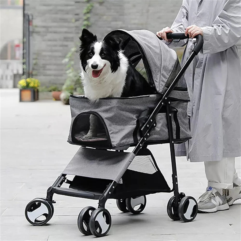 Foldable Pet Dog Stroller With Four Wheels And Storage Basket