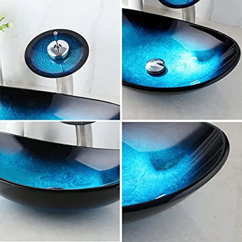 Mekkhalia Tempered Glass Oval Vessel Sink With Waterfall Faucet