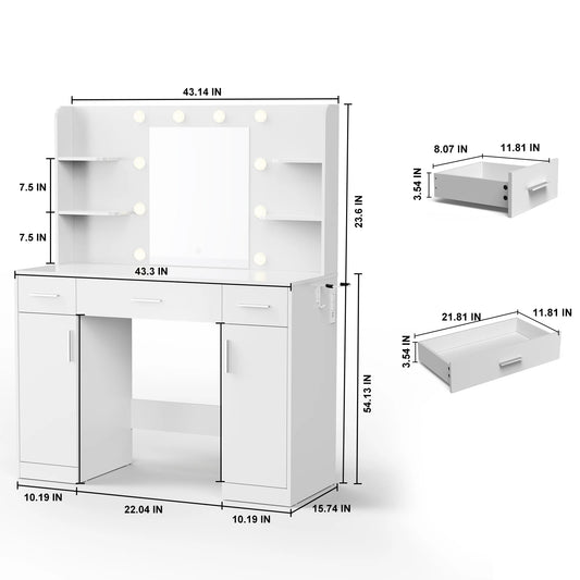 Jhk Bedroom Vanity Desk With Lighted Mirror And Wood Storage