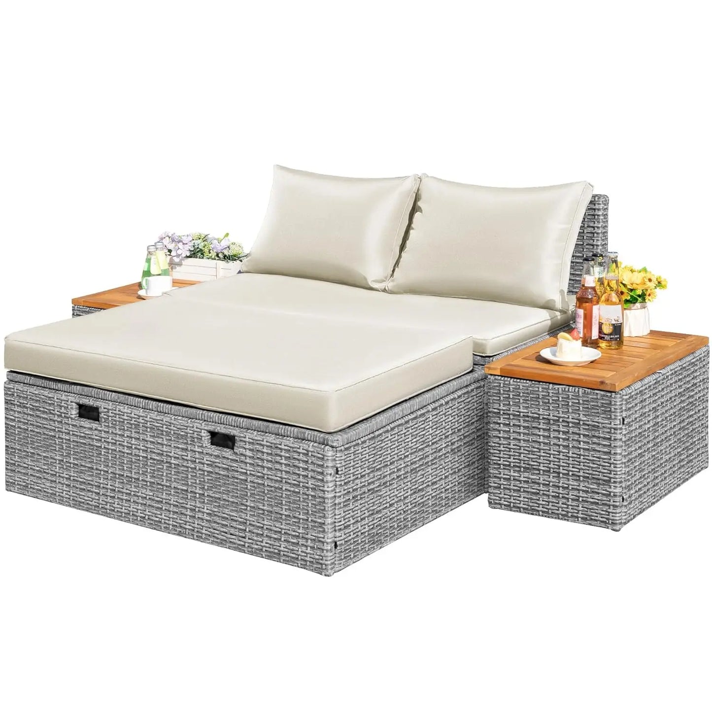 Outdoor Rattan Daybed With Side Tables And Storage Ottoman