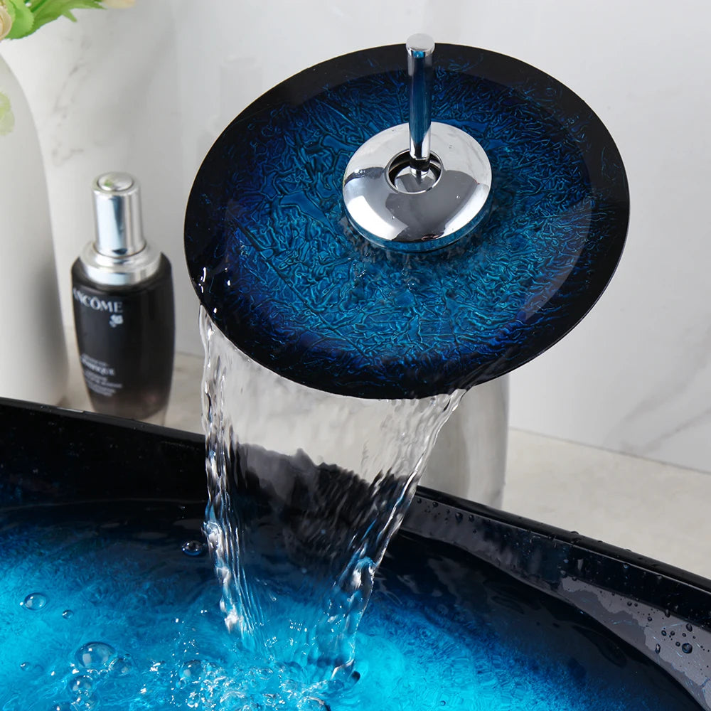 Mekkhalia Tempered Glass Oval Vessel Sink With Waterfall Faucet