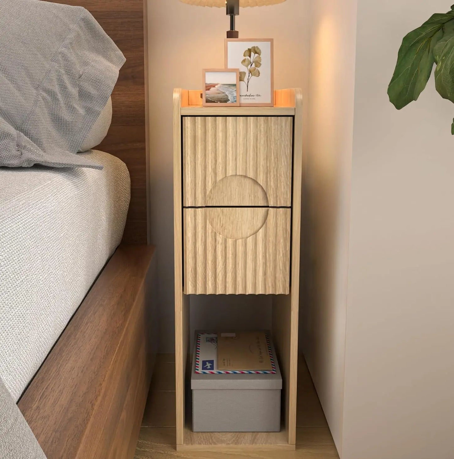 Narrow Fluted Nightstand Set Of 2 Wooden Two Drawer Bedside Tables