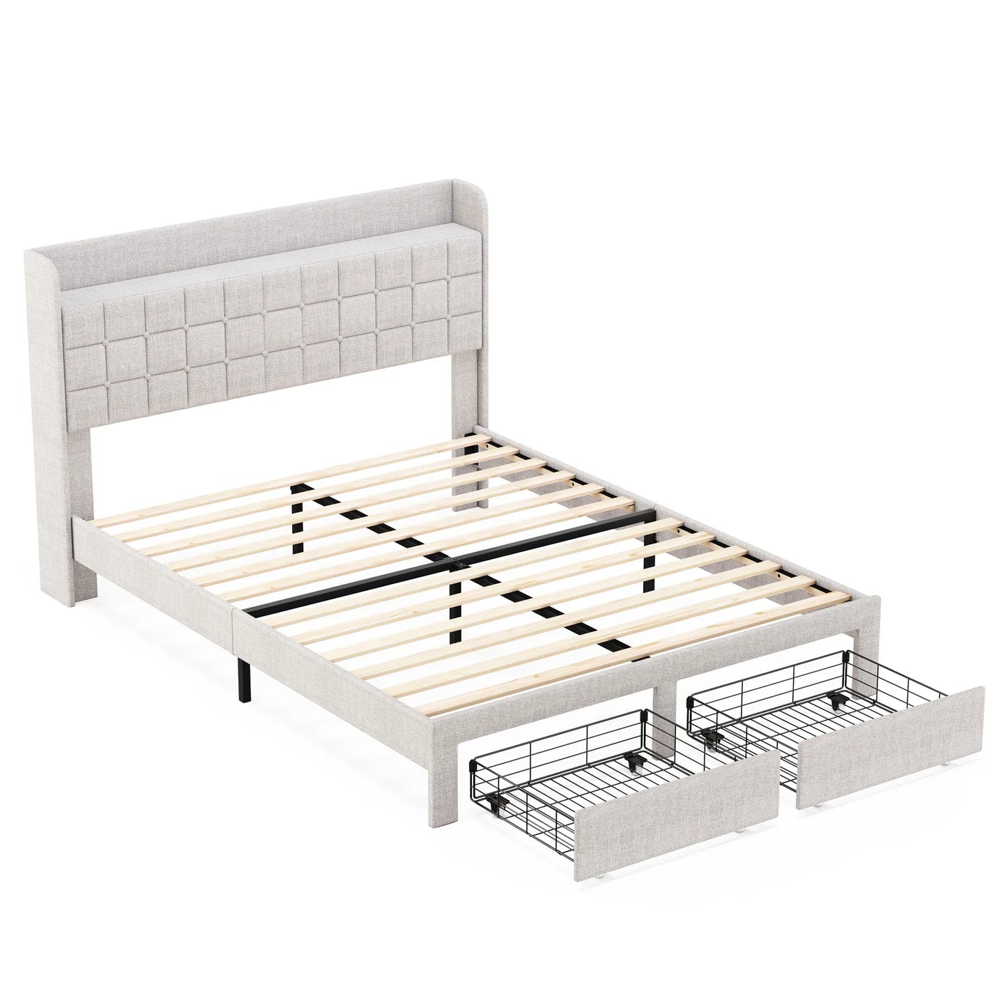 JHK Wood Bed Frame With Storage Drawers And Headboard