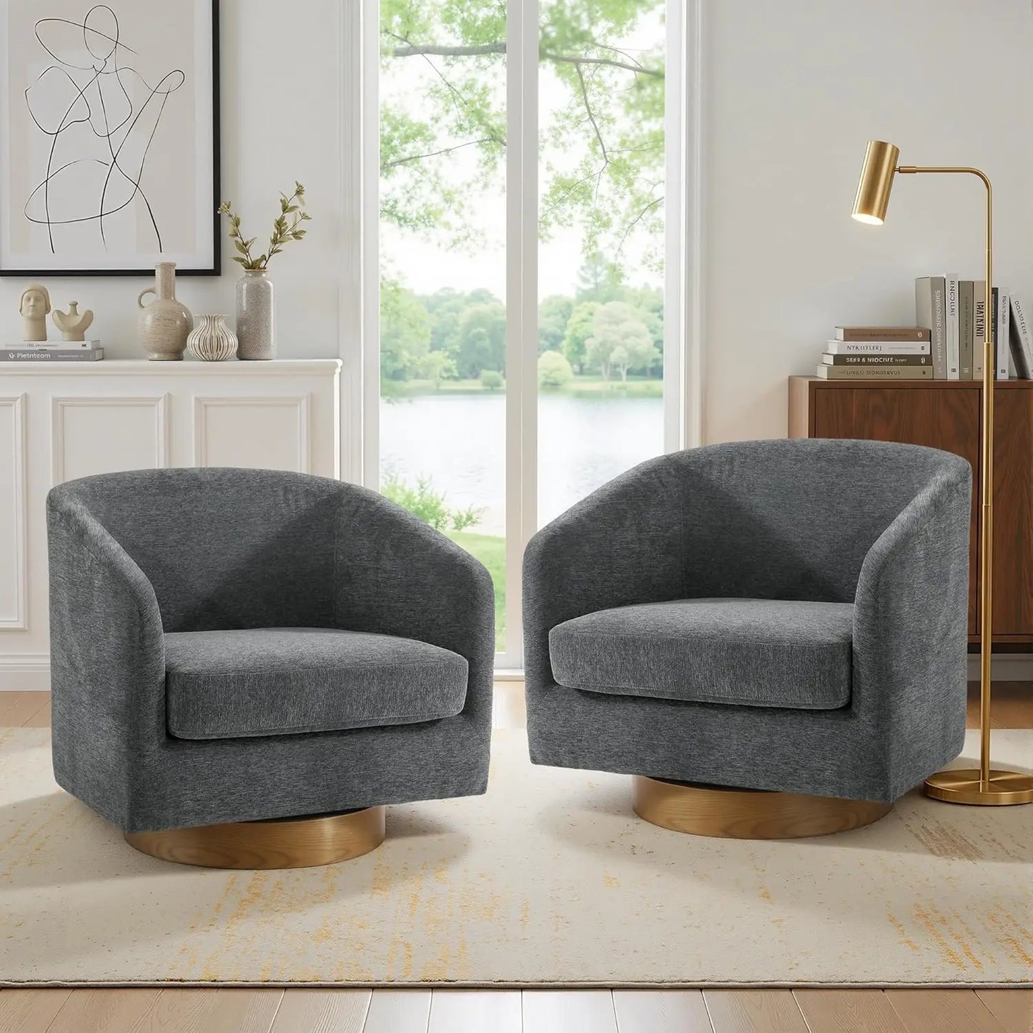 Swivel Accent Chair Set Of 2 Fabric Upholstered Barrel Armchairs