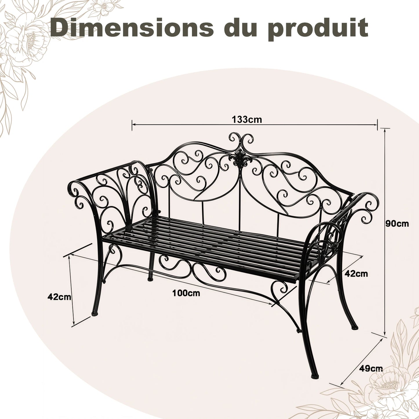 Decorative Wrought Iron Two Seater Outdoor Garden Bench For Patio