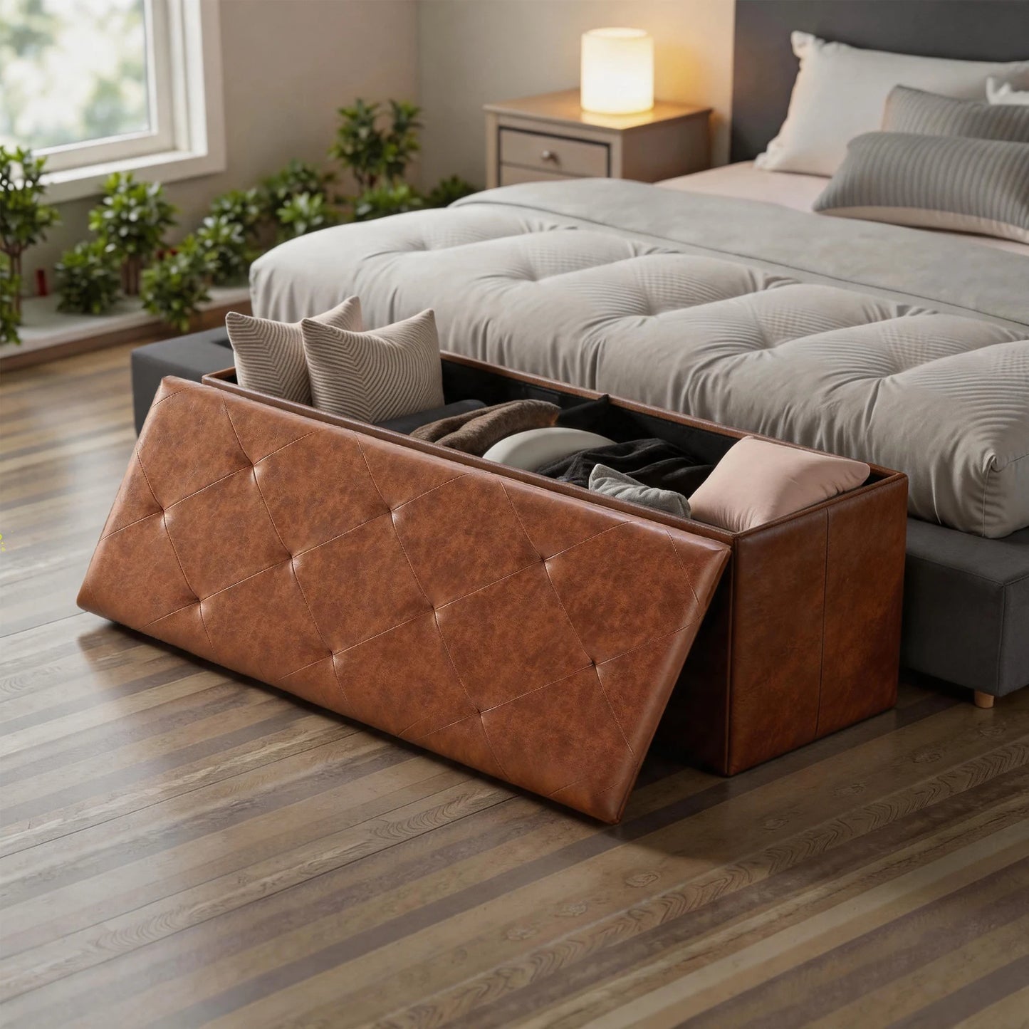 Tufted Faux Leather Storage Bench Ottoman 400lb Capacity Bedroom