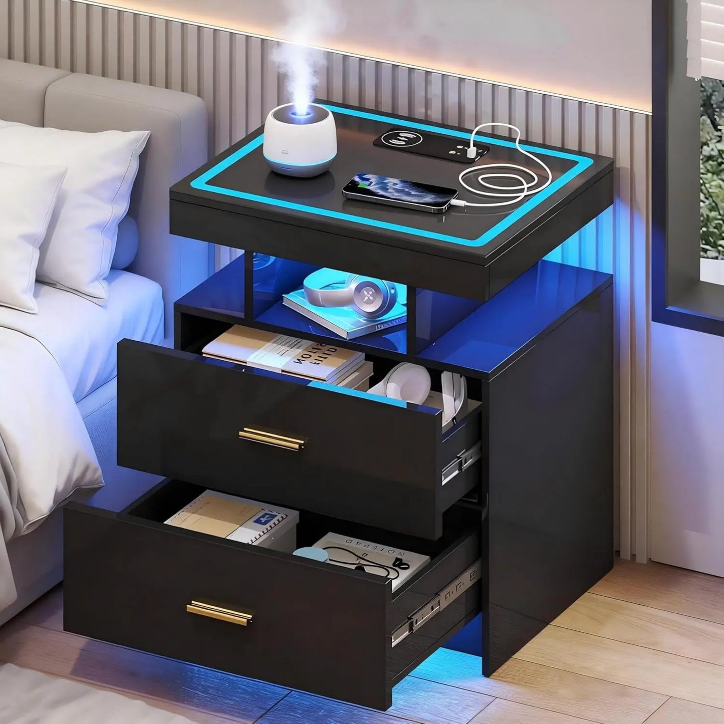 Wireless Charging Nightstand With Auto Sensor LED End Table