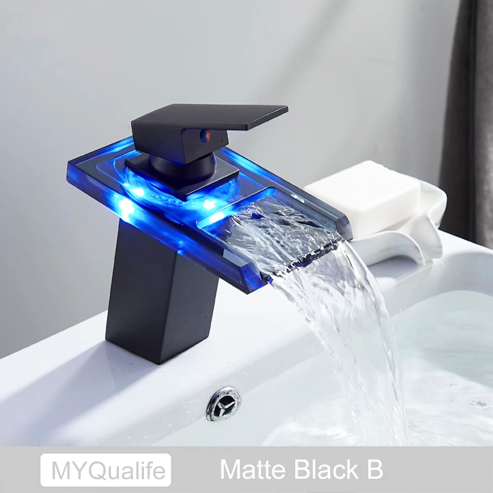MYQualife LED Waterfall Basin Sink Faucet Single Handle Deck Mounted