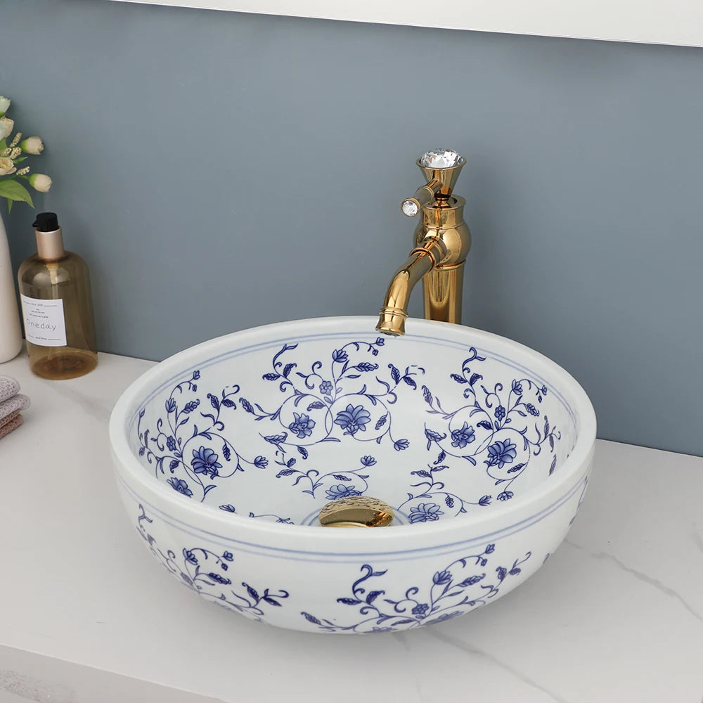 Mekkhala Ceramic Hand Painted Round Vessel Sink With Faucet