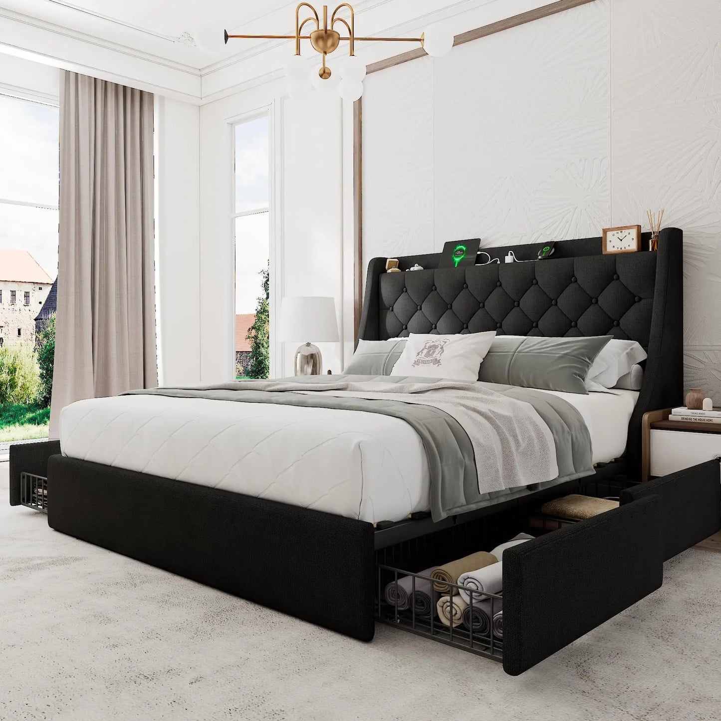 Upholstered Bed Frame With Storage Drawers And USB Charging Station