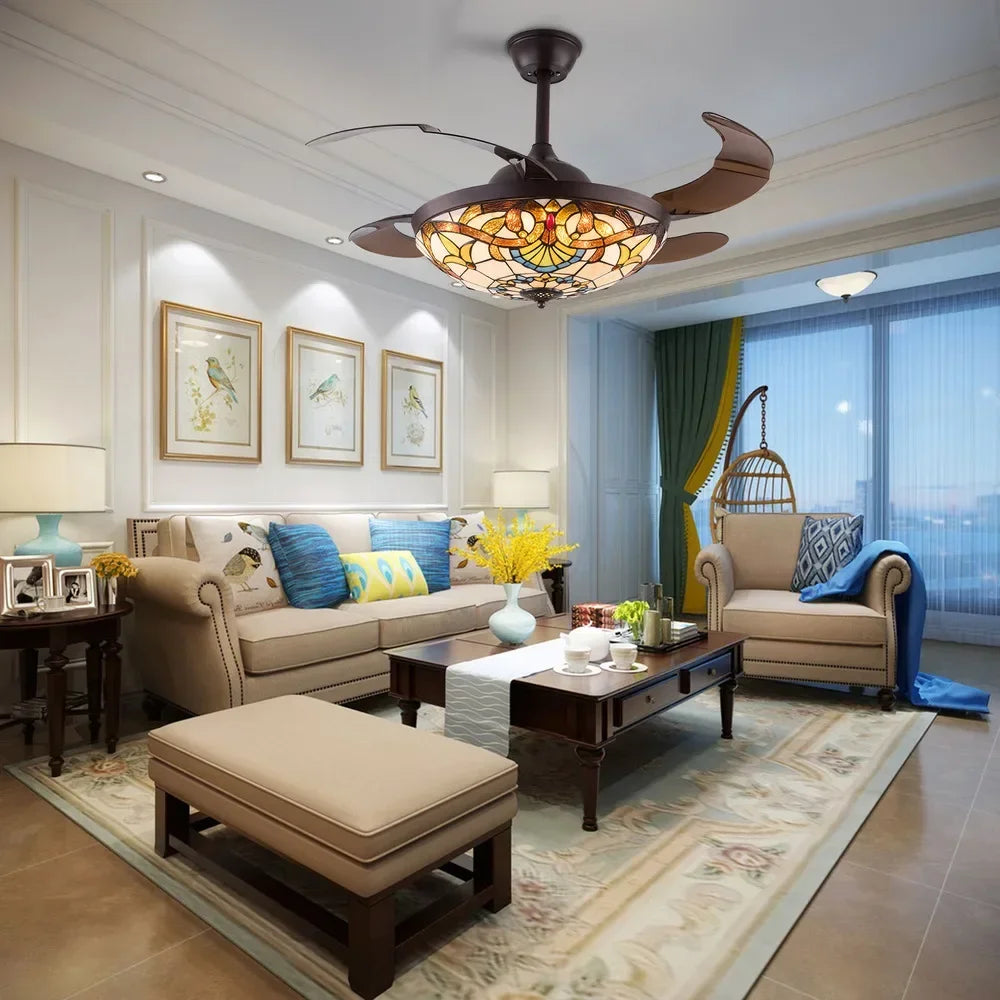 Tiffany Style Ceiling Fan With Remote, LED Light, Color Changing