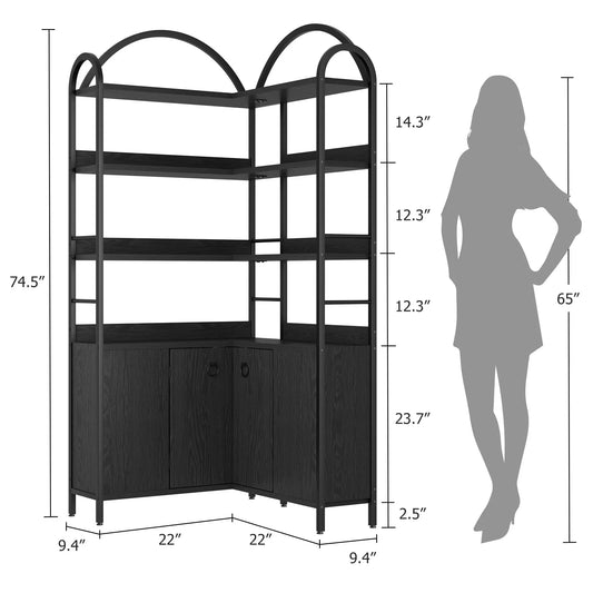 HiMiss Arched Corner Bookcase With Cabinet Storage Shelf Unit