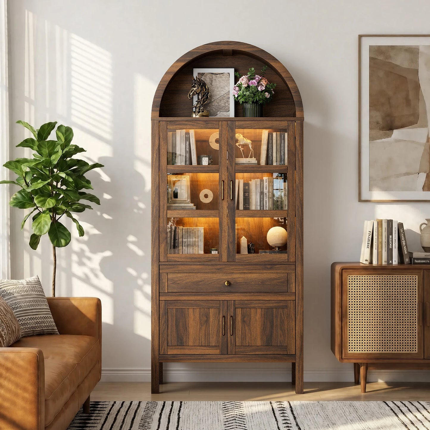 Furgle Arched Wood Storage Cabinet With Adjustable Shelves And Led Lights