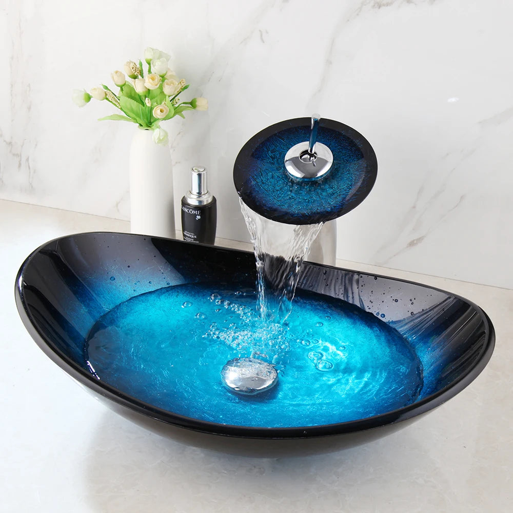 Mekkhalia Tempered Glass Oval Vessel Sink With Waterfall Faucet