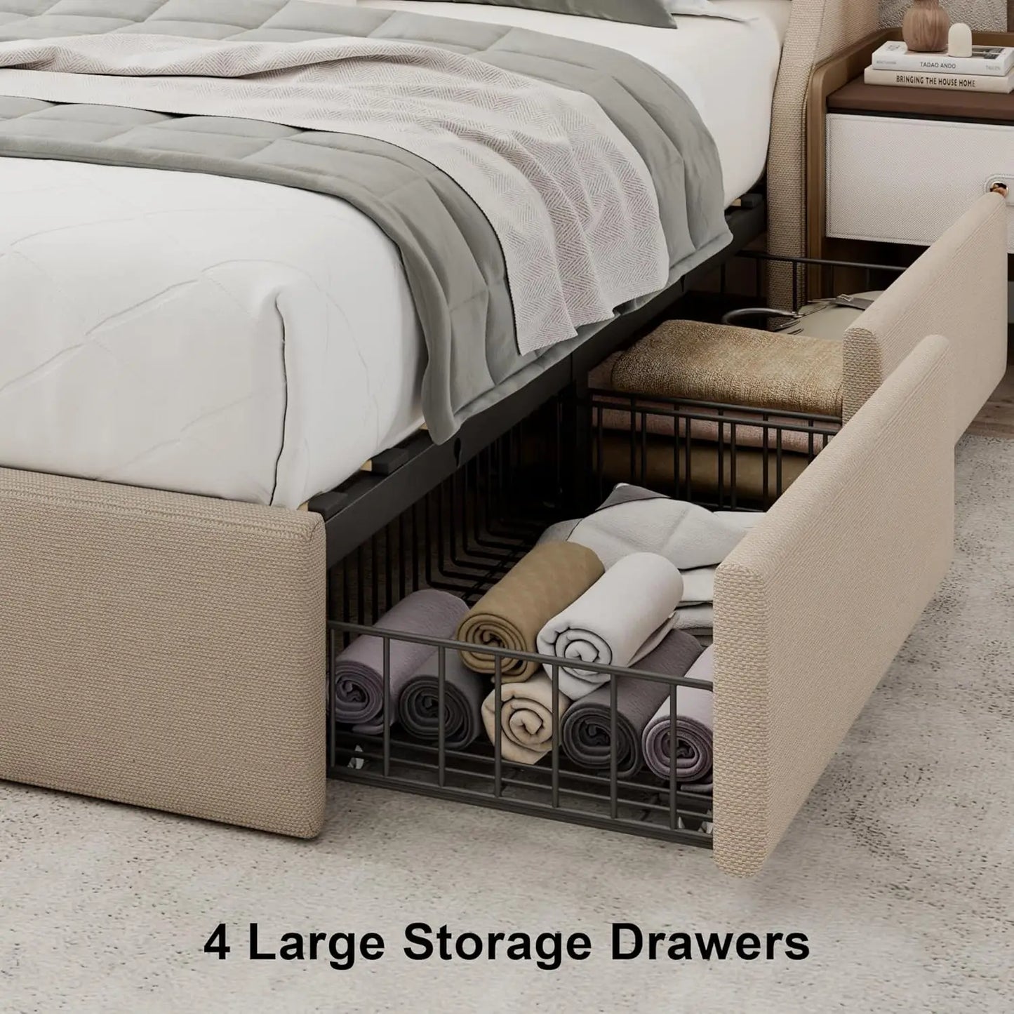 Upholstered Bed Frame With Storage Drawers And USB Charging Station
