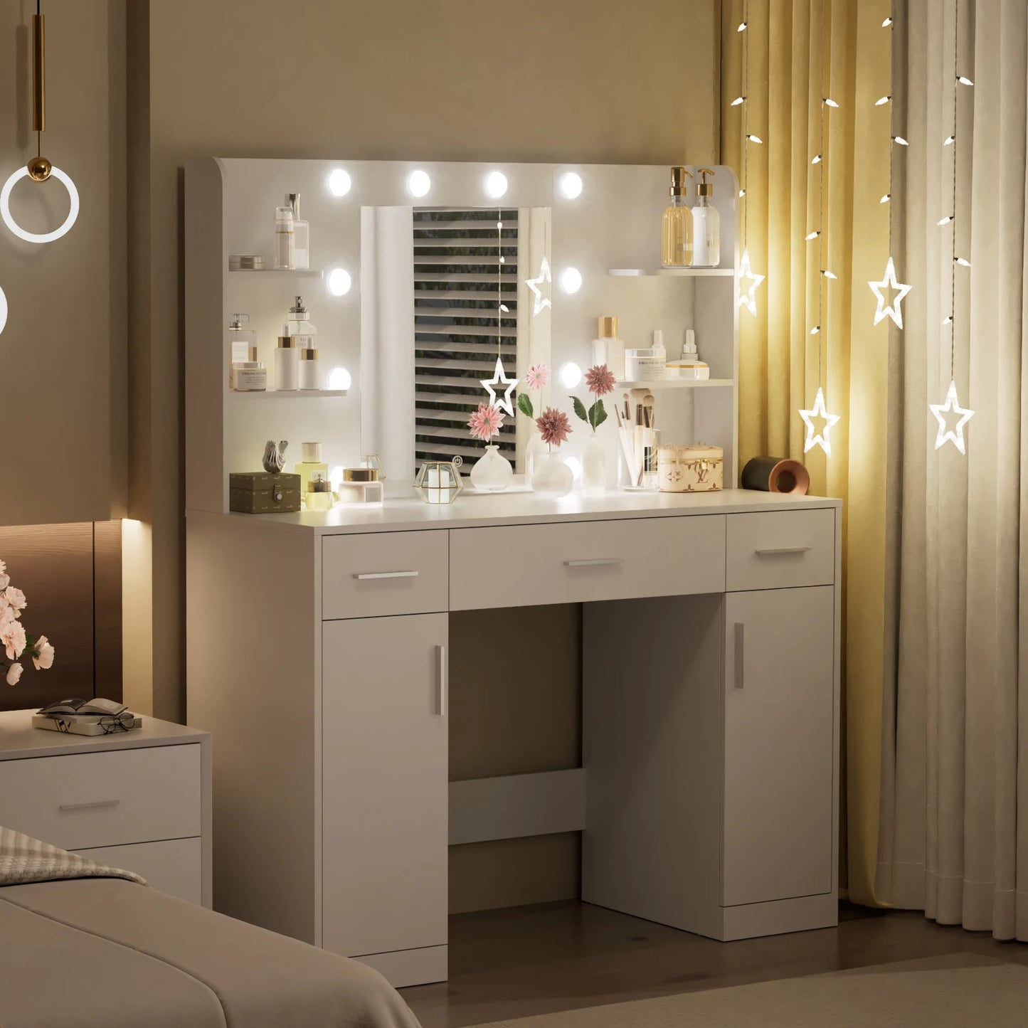 Jhk Bedroom Vanity Desk With Lighted Mirror And Wood Storage