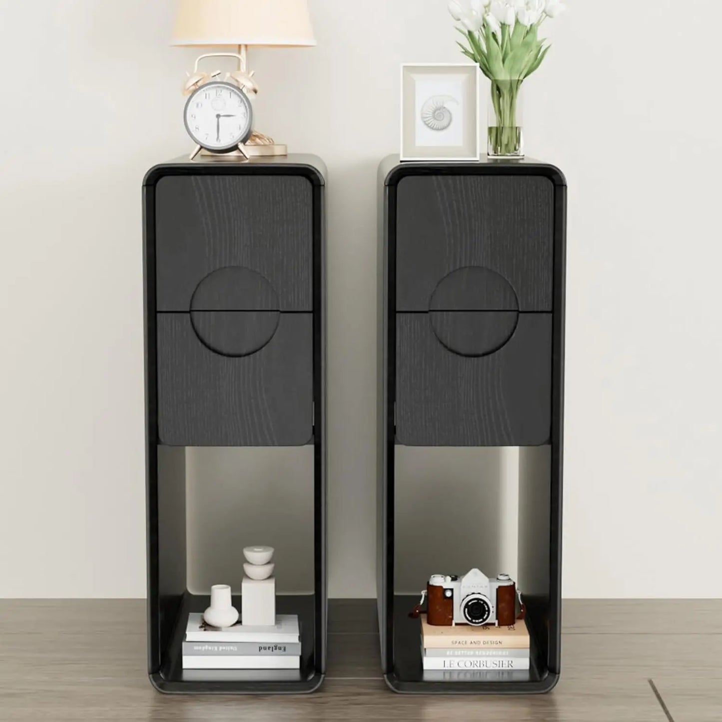 Narrow Fluted Nightstand Set Of 2 Wooden Two Drawer Bedside Tables