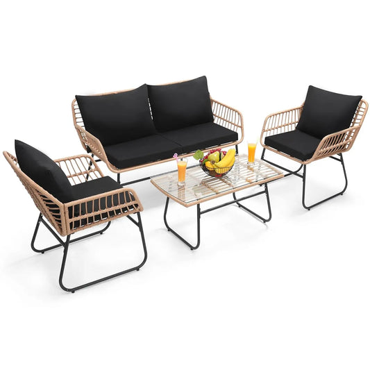 4 Piece Patio Bistro Outdoor Furniture Set Wicker Sofa and Table for Backyard