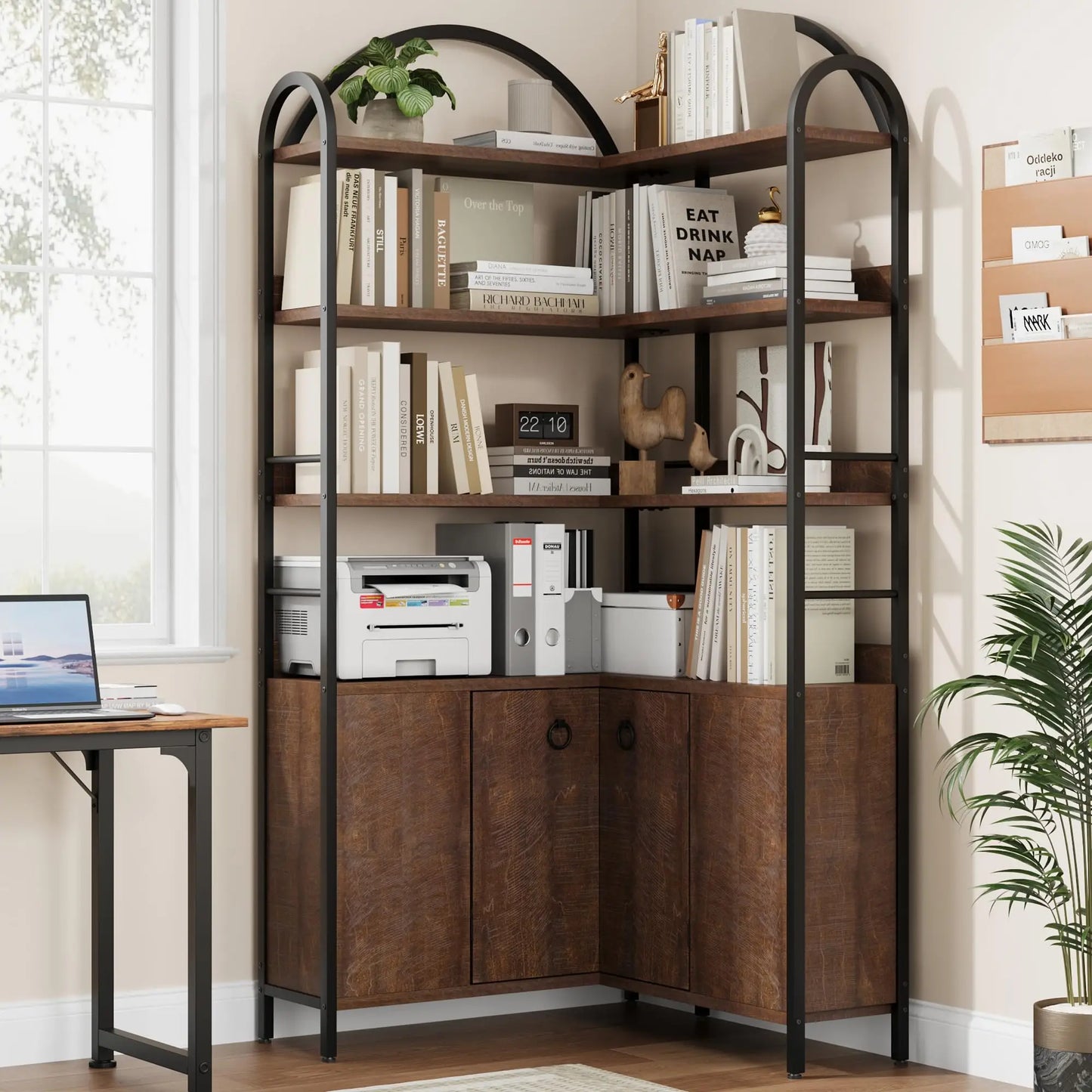 HiMiss Arched Corner Bookcase With Cabinet Storage Shelf Unit