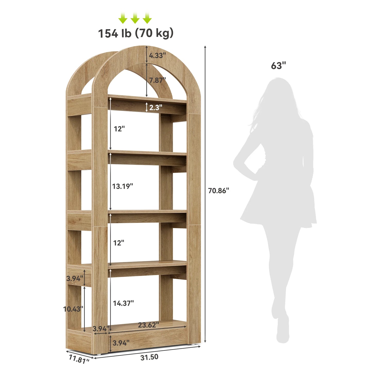 Tribesigns Arched Five Tier Wooden Bookcase Display Shelf